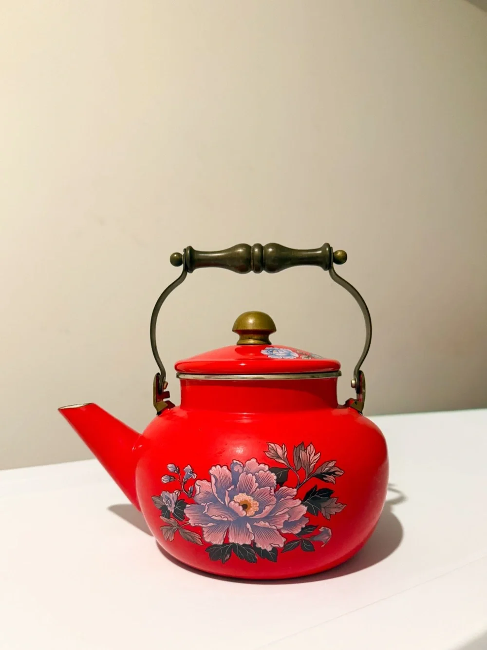Vintage Japanese Enamel Tea Kettle Floral Print Red with Brass Handle